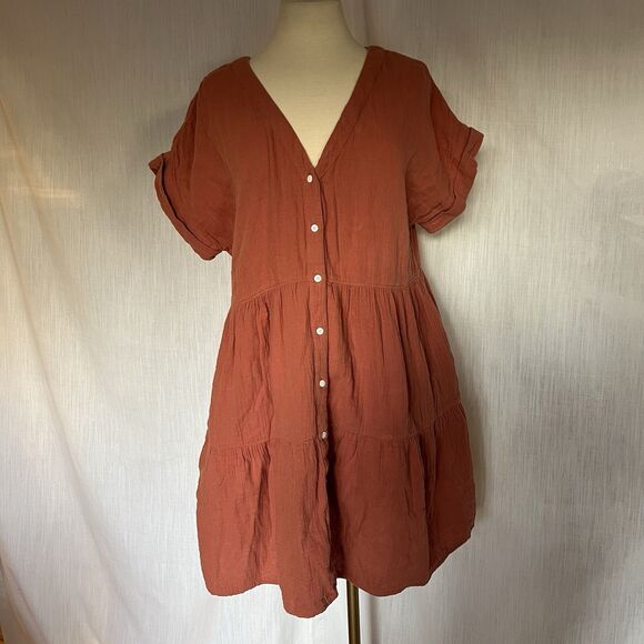 Madewell Lightspun Cuff Sleeve Button Front Tiered Dress Orange V Neck Medium - Picture 8 of 14